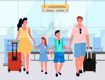 Smiling man and woman travelers in airport, family standing with luggage in departure lounge. Mother and father holding daughter and son, travel vector