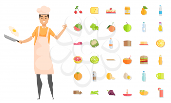 Pastime of man with frying pan vector, male hobby culinary art. Cherry and apple, peach and strawberry, broccoli and lime, lemon and vegetables set
