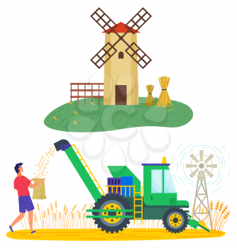 Wheat harvesting vector, man working on field with agricultural machinery. Windmill and personage with tractor, village landscape plantation flat style