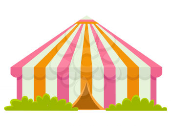 Circus tent with entrance and green bushes isolated. Vector big-top circus awning, entertainment building, striped construction in flat style design