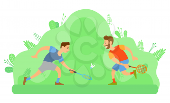 Outdoor activity or sport, men friends playing badminton vector. Rackets and shuttlecock, meadow and nature, sporting equipment and male characters. Summer activity. Flat cartoon