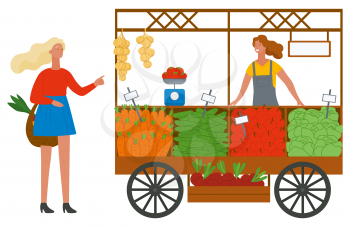 Shopper female buying products, harvest festival of fair. Marketplace with carrot, cucumber and beet, cabbage and apple, harvest and buyer, grocery vector. Flat cartoon