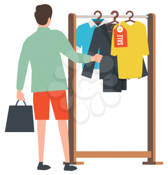 Man shopping vector, male holding bag in hands flat style, client choosing clothes. Store with clothing, sale on shirts and jackets, discounts promotion