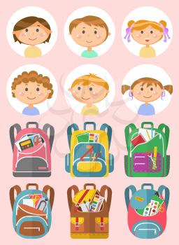 Kids portraits. Cute boys and girls cartoon characters. Backpack set full of stationery. Little children. Back to school concept vector illustration. Flat cartoon