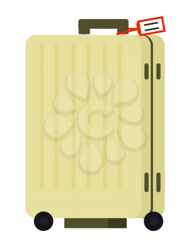 Yellow suitcase on wheels with tag isolated on white. Luggage icon, travel baggage, vacation case. Journey package, business travel bag vector illustration