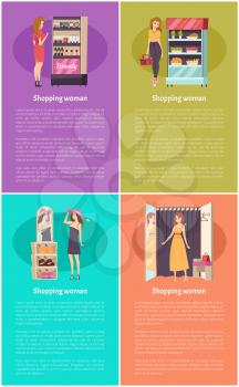 Shopping beauty stand and cosmetics posters set vector. Grocery store with vegetables and fruits on shelves. Fashion clothes shoes and hats wearing