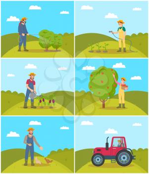 Farmer spraying green bushes growing on farmland. Woman with hose and farmer wit watering can set. Tractor and gathering harvesting season vector
