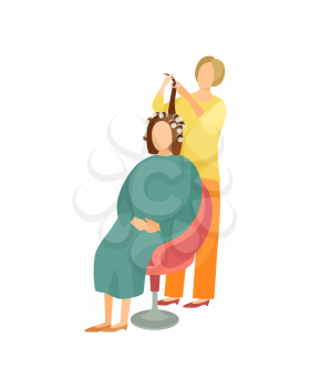 Procedure in hairdressing salon cartoon vector hairdresser and client. Haircutter makes winding curlers for client sitting on armchair under cloth