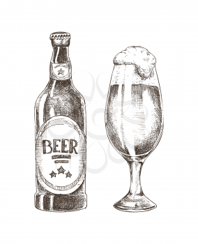 Foamy beer in glassy goblet and closed ale bottle, vector illustration of mug on thin lag for alcohol drinking and container with round logo isolated