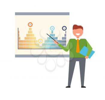 Presenter pointing on charts peaks on whiteboard vector. Board with infographics, chart in different color, presentation of planning strategy details