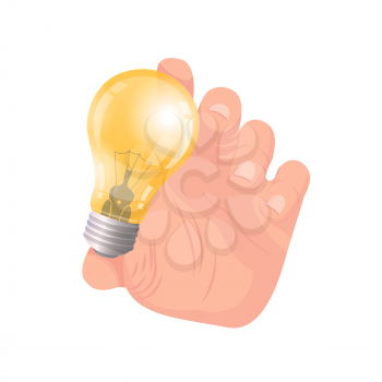 Business idea, hand of businessman holding electric bulb vector. Lightbulb new solutions and innovations in business. Male with glowing lamp eureka