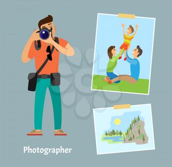 Photographer with digital camera and photographs sticked on tape. Family on grass lawn and mountain landscape photography cartoon vector illustration.
