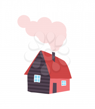 Winter house with chimney, smoke from pipe, vector icon in flat design isolated. Cottage house with door and window, rustic countryside dwelling sign