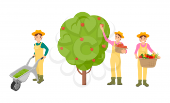 Woman farming people isolated icons vector. Farmer pushing trolley with compost for soil to be fertile. Basket with harvested vegetables and fruits