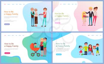 How to be happy family vector. People with pram, parents giving child gift on holiday, married couple celebrating with kids, newborn baby in perambulator. Website template webpage landing page in flat