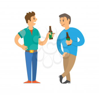 Men holding bottle of beer, drinking and speaking. Portrait view of character boy in colorful clothes. Smiling guy standing in disco club flat vector