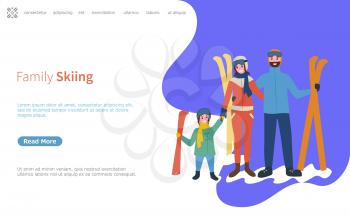 Family skiing activities in winter season web page with text sample vector. Vacation of kid and parents holding ski equipments, skiers on holidays