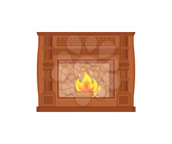 Fireplace with fire heating decoration of home vector. Isolated icon of decor of house, paved with stone, flames and burning wooden material inside