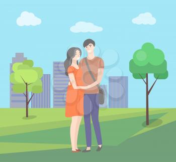 Embracing couple together, smiling man and woman standing in park, portrait view of hugging people in citypark. Green trees and buildings, cloudy vector