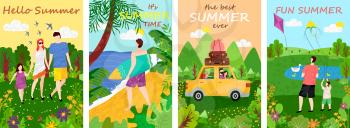 Holidays and summertime relaxation by sea vector, tropics and foliage, man and woman with kid in summer time, wind paper kites in sky, driving car loaded with baggage. Hello summer concept with text