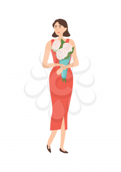 Happy girl holding bouquet vector, isolated woman wearing elegant clothes. Beautiful person standing with white roses, 8 march greeting, female happiness