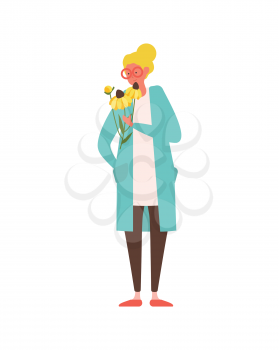 Happy person holding flowers vector, isolated woman wearing glasses, 8 march celebration greeting with international womens day. Female with gerbera