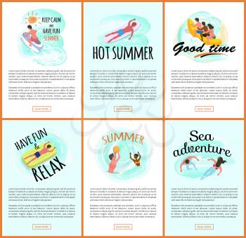 Summer fun vector, people relaxing by seaside, man and woman swimming in water. Jet ski hobby of person, banana boat ride, surfing male, laying on mattress
