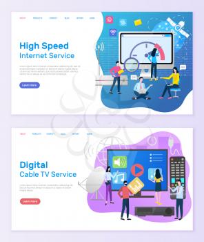 Digital cable TV service vector, people with screen of television and remote controller, high speed of internet clients using online innovations. Website or webpage template, landing page flat style