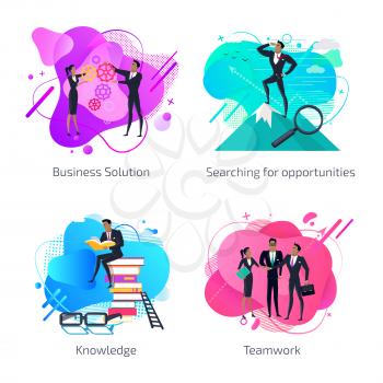 Business solution and searching for opportunities vector, knowledge abstract design. Businessman with magnifying glass, male reading printed material