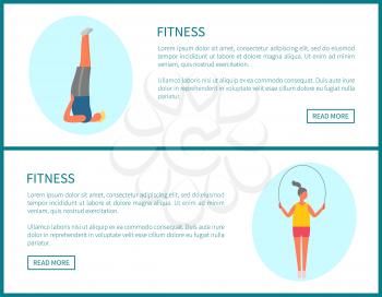 Fitness people vector, website pages. Active woman with jumping rope and man standing in one position, yoga and weight loss, stretching exercises