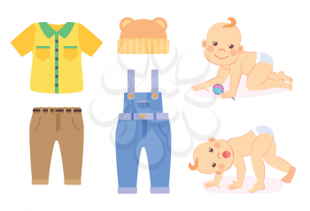 Children and clothes vector, jeans trousers and shirt, hat and tshirt flat style. Bodysuit for male child, kid wearing diaper and playing with toys