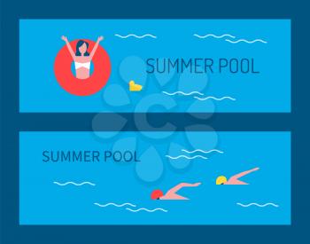 Summer pool posters and text. Woman in lifeline saving ring in water people professional experts in sport training together. Swimming person vector