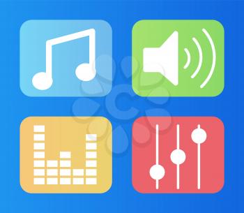 Music icons set, isolated signs loudspeaker and note flat style. Audio and interactive services options, buttons for navigation in digital center and tv