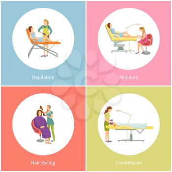 Depilation and pedicure by pedicurist set icons vector. Hair removal procedures and cosmetologist cosmetician, face treatment and hairdresser haircut