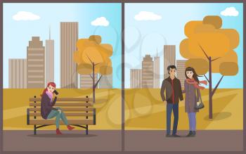 Couple walking autumn city park roads set vector. Woman sitting on wooden bench and talking on mobile cell phone. Skyscrapers and trees with leaves