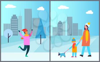 Man in pink sweater, red hat, warm mittens enjoys snowfall, mother and son walking with pet, vector illustration on background of skyscrapers, wintertime