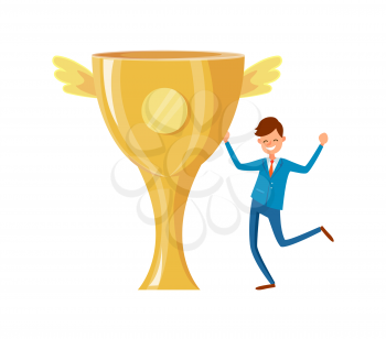 Trophy cup with golden wings, successful businessman happy to achieve goal and got prize. Worker win competition, best reward for affairs vector