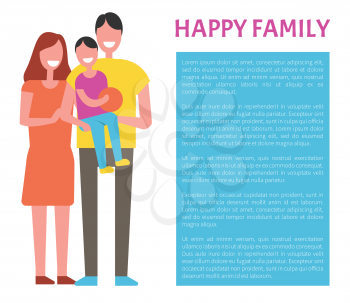 Happy family mother, father and son poster frame for text. Dad, mom and little boy on arms, kid holding ball in hands. Spending time together concept