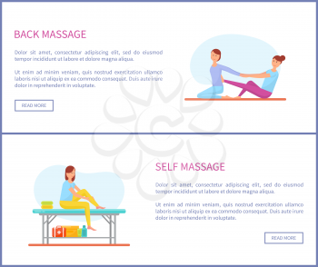 Back and self massage, posters with text sample set vector. Care and health improvement, relieving from pain in body parts, masseuse with clients