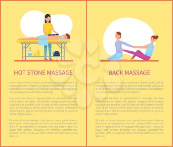 Hot stone back massages treatment posters with text vector. Masseuse rubbing males body with oil and lotions to relieve pain. Professional expert