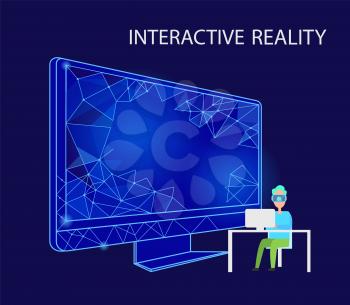 Interactive reality person wearing vr glasses and sitting y table vector. Innovative technology using laptop and computer, screen and monitor of gadget