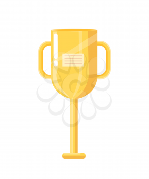 Award golden cup with label and handles. Trophy for winners, icon closeup. Achievement and prize for first place, isolated on vector illustration