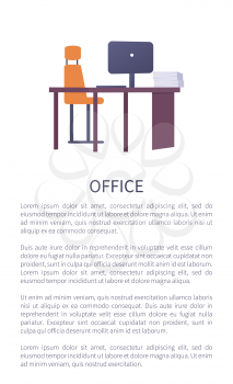 Office workplace design table with computer, comfortable chair, bookshelf with documents on wall, folders on desk vector furniture isolated text sample