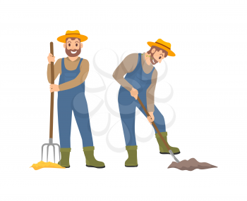 Farming man with hayfork vector. Isolated icons of farmers with agricultural tools, pitchfork and shovel spade. Cultivation of ground soil by person
