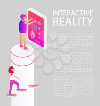 Interactive reality innovative new devices and technologies, poster with text vector. Male and female wearing vr goggles touching screen walking up