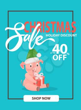 Christmas sale holiday discount 40 percent off, piglet symbol of New Year, gift box on blue in frame. Pig in green hat wishing Merry Xmas vector leaflet