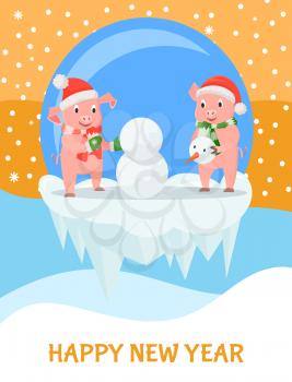 New Year greeting card, pigs building snowman, Christmas. Animals in hats and mittens with scarf, winter holidays activity, friendship vector on icy cliff in ball