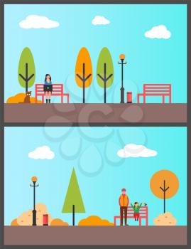 Woman sitting on bench, freelance worker in park vector. Pine tree and lanterns, trash bin at street. Father and daughter with bird, sunny fall day