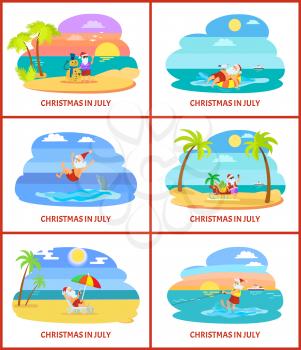 Christmas in July, Santa Claus with snowman made of sand vector. Tropical atmosphere, beach and sea, seagull and ship, swimming dolphin and palm tree