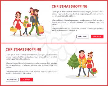 Christmas shopping poster, couple and children with bags full of presents, gift boxes and packages, vector. Happy family with Xmas tree on web page